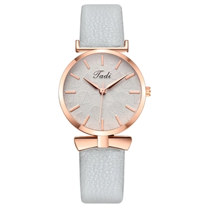 Fashionable women quartz watch with leaf pattern dial and grey leather strap