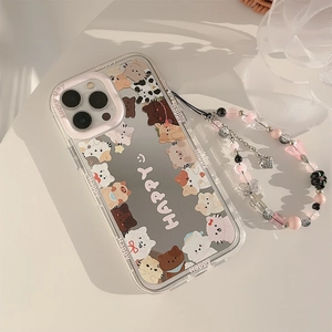 Detailed view of clear iPhone case with cartoon pig print and beaded wrist strap