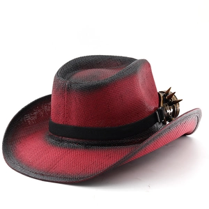 Retro distressed woven western cowboy hat in burgundy with punk metal accessory trim