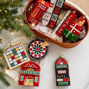 Retro American Christmas tree ornaments set with bingo and casino themed designs
