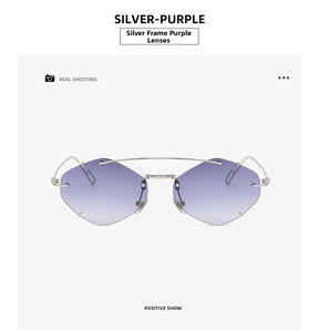 Vorderansicht der randlosen Polygon-Sonnenbrille mit Silbersteg und lila Verlaufsgläsern