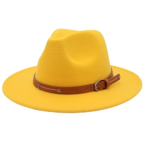 Classic bright yellow wool felt jazz fedora hat with a studded brown leather band
