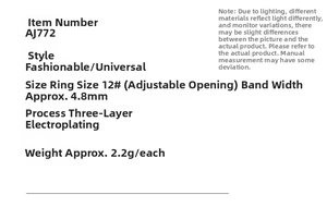 Detailed size chart for the adjustable enamel ring with 4.8mm width and gold plating