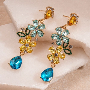 Vintage boho floral drop earrings with multicolored rhinestones and deep blue crystal teardrops