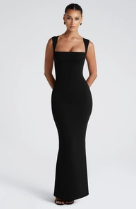 Front full view of a sleek black square neck bodycon midi dress for women
