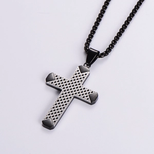 Minimalist stainless steel cross necklace with black mesh texture and industrial pendant