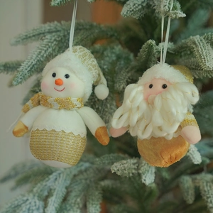 Plush Christmas Santa and Snowman tree ornaments in elegant gold and white festive finish