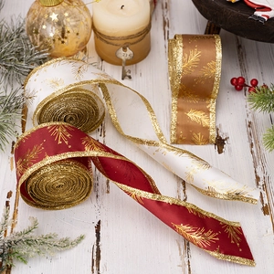 Three festive Christmas ribbons in red white and brown with gold leaf patterns and glitter