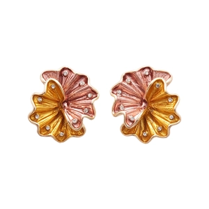 Gold and rose gold floral fan earrings with sparkling rhinestones in a sleek design