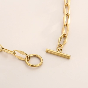 Gold titanium steel sweater necklace with OT toggle clasp and rectangular links