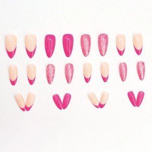 Magenta pink stiletto press-on nails set with glitter and French tip designs