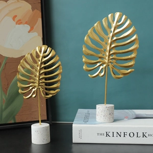 Gold Metal Leaf Ornaments Monstera Ginkgo Shape Modern Luxury Desktop Figurines With Terrazzo Base For Home Office Decor