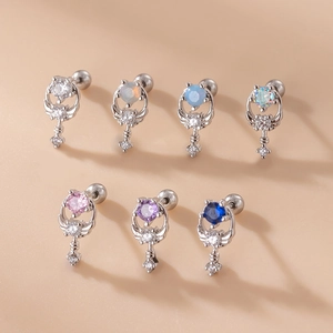 Surgical steel stud earrings with colorful zircon wing design and screw-back closure