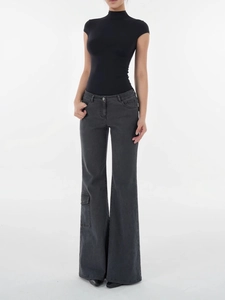Women's charcoal grey high-waisted flare cargo jeans with side flap pockets and slim fit