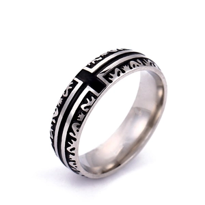 Retro punk 6mm titanium steel ring featuring silver gothic cross and flame relief patterns