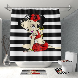 Detailed four-piece bathroom set with polyester shower curtain and matching floor mats