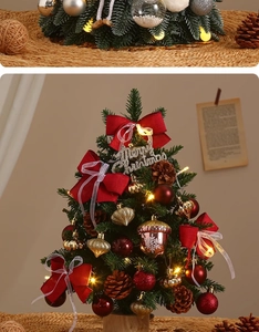 Close-up of mini Christmas tree with red bows, pine cones, and warm LED light string