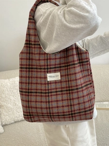 Retro plaid wool tote bag with classic brown and blue check pattern for autumn and winter