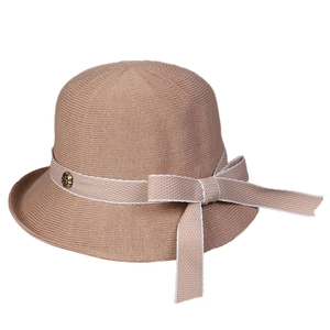Women's summer knitted bucket hat in khaki with a rose metal buckle and ribbon detail