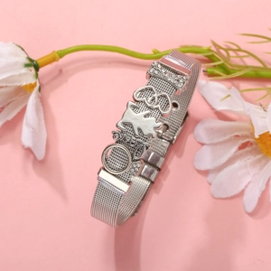 Silver stainless steel mesh bracelet with heart charms and love beads on pink background