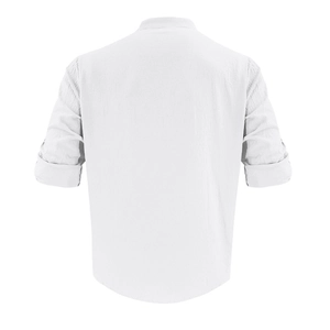 Detail view of white linen shirt back with rolled-up sleeves and natural fabric texture