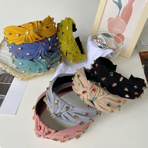 Baroque Rhinestone Knotted Headband Wide Colorful Crystal Fabric Hair Band Retro Fashion Headpiece For Women