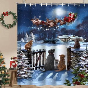 Close-up of waterproof Christmas shower curtain featuring Santa, reindeer, and pets