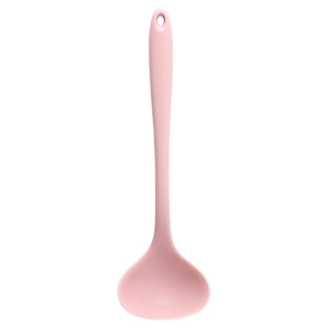 Single pink food-grade silicone soup spoon with long handle and hanging hole on white background