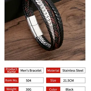 Handmade multilayer black braided leather and stainless steel magnetic bracelet for men