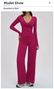 Three-piece yoga set with V-neck cross long sleeve top and wide leg pants in raspberry red