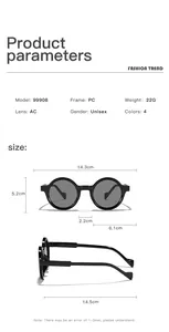 Size chart showing PC frame and AC lens dimensions for retro round sunglasses