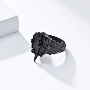 Gothic black titanium steel ring featuring a skull and holy sword in matte finish