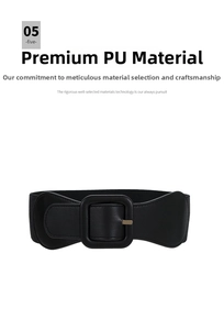 Close-up of black PU leather wide belt featuring an elegant square covered buckle detail