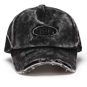 Distressed vintage black denim baseball cap with Boston embroidery and frayed brim