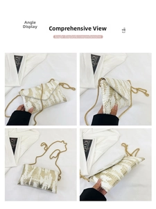 Detailed four-view of crocodile pattern envelope bag with gold chain and sequins