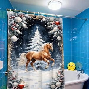 Detail of Christmas shower curtain with brown horse, festive tree and waterproof white rings