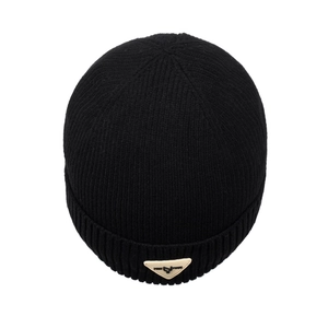Classic black knitted beanie with a fleece lining and a triangular metal logo plate