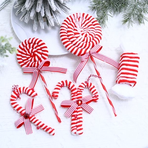 Christmas Lollipop Hanging Ornaments Plush Knitted Striped Candy Decorations With Bowknot For Holiday Tree Home Party Decor