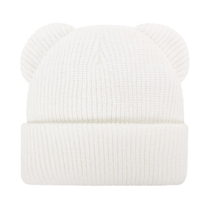 Detailed view of the white ribbed knit texture and cute bear ears on the winter baby hat