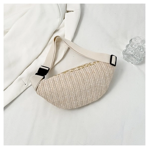 Detail view of beige woven waist bag with adjustable strap and herringbone texture
