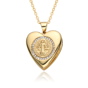 Golden heart locket necklace with Saint Benedict medal and sparkling rhinestones