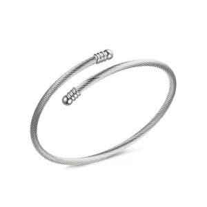 Silver stainless steel twisted cable open bangle bracelet with round bead terminals