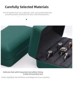 Detail of dark green PU leather ring box featuring five soft microfiber sponge slots