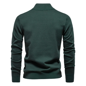 Pull ajusté en coton vert foncé pour hommes avec col montant zippé et poignets côtelés
