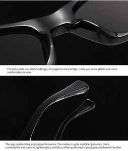 Detail of silicone nose pads and ergonomic temple tips of black square sunglasses