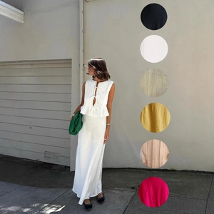 Women Sleeveless Pleated Top And Long Skirt Outfit Cotton Linen Tie Front Bow Elegant Summer Vacation High Street