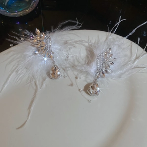 Detailed macro view of silver drop earrings with crystals and elegant white feathers