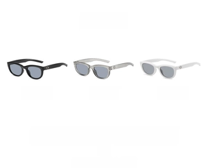 Three pairs of retro cat-eye sunglasses in black, transparent gray, and white frames
