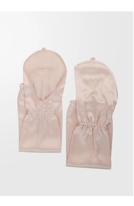 Detail of light pink 100% mulberry silk sun sleeves with elastic cuffs and button accents