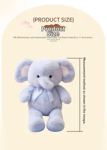 Size detail showing blue plush elephant toy with height measurement and ribbon bow